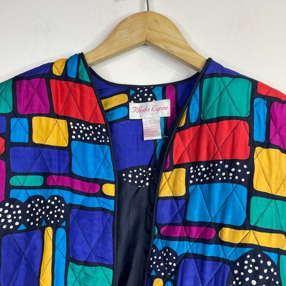 Vintage Rhoda Lynne Quilted Silk Open Jacket 90s Colorful Oversized Womens S - Picture 3 of 15